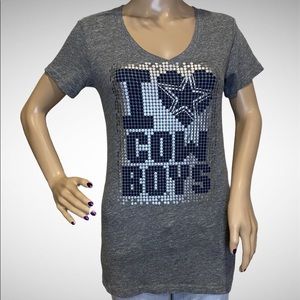 Cowboys Her Style V-Neck Gray T-Shirt Tee I LOVE HEART COWBOYS Size Medium VGC